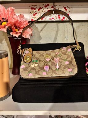 Coach Brown Signature Shoulder Bag with Pink Heart Charms